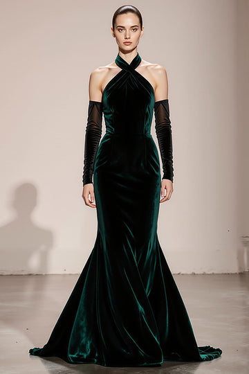 Halter Velvet Dark Green Mermaid Long Evening Dress